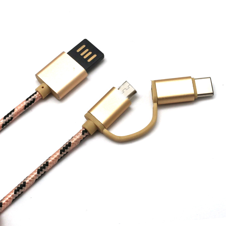 Factory Price 2 in 1 Nylon Braided Micro USB Cable with Type C Port