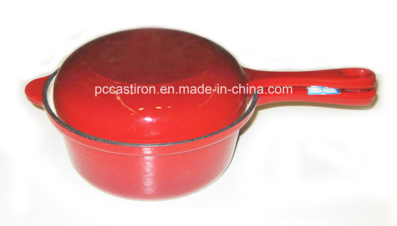 Enamel Cast Iron Saucepan with Double Use Lid as Frypan