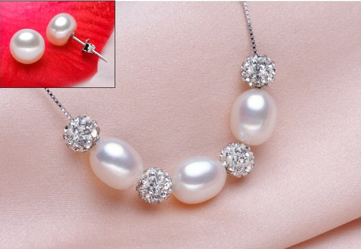 Hot Sell Pearl Jewelry Set 7-8mm Rice AAA 925 Silver Necklace Pearl Set