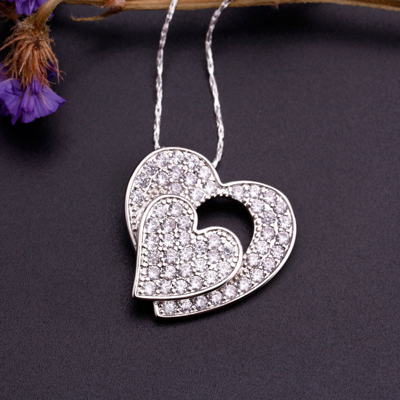 Double Heart Shape White Cubic Zirconia Silver Plated Pendant Necklace