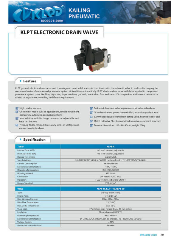 Klpt Low Price Automatic Water Drain Solenoid Valve with Timer 24V