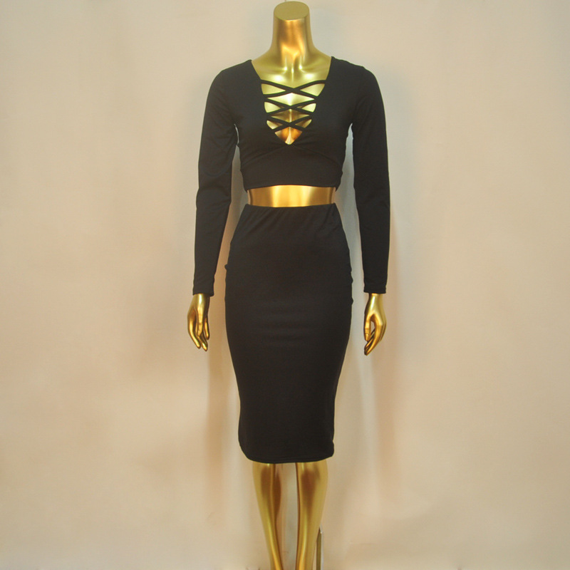 Sex Black Cross in Front Bodycon 2 Piece Bandage Dress