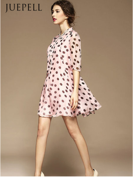 DOT Print Loose Casual Fashion 100% Silk Lady Dress