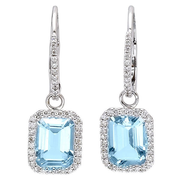 14k White Gold Over Silver Jewelry Aquamarine Emerald Cut Diamond Earrings