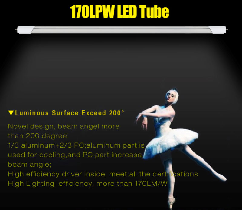 170lpw LED Tube 600mm 1200mm 1500mm, SMD T8 4 Feet LED Tubes with UL Dlc Ce RoHS