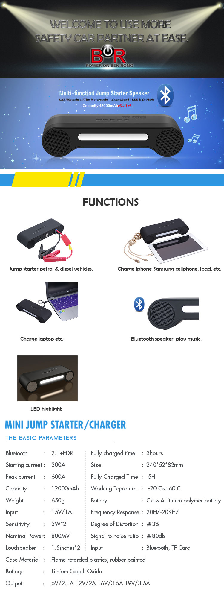 Power Bank Multi-Function Auto Car Battery Bluetooth Speaker Jump Starter