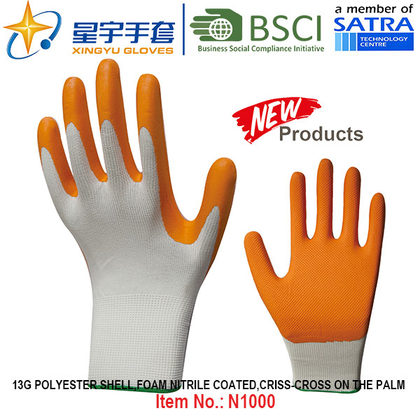 13G Polyester Shell Foam Nitrile Palm Coated Gloves (N1000) Criss-Cross on The Palm with CE, En388, En420, Work Gloves