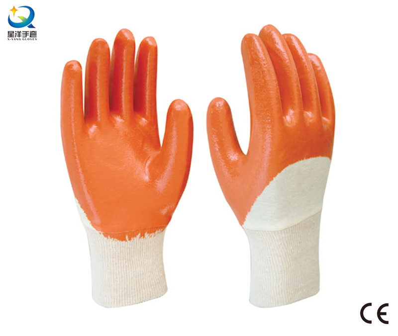 Cotton Jersey Shell Orange Nitrile Half Coated Safety Work Gloves (N6038)