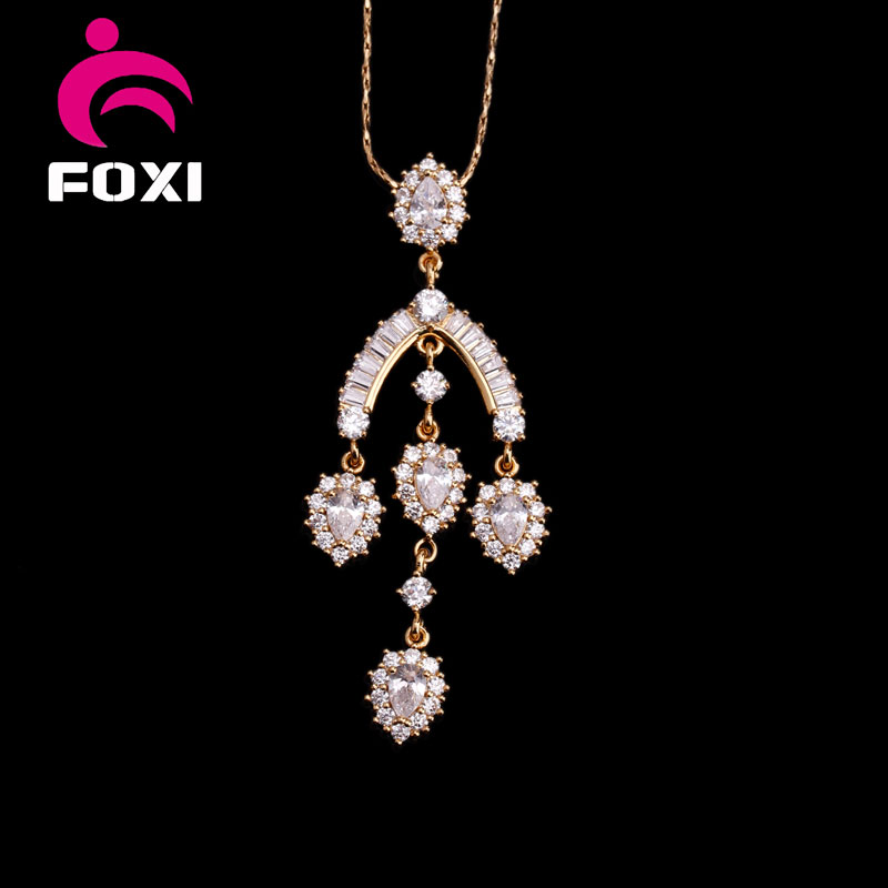 Environmental Copper Gold Plated Fashion CZ Pendant and Earrings Jewelry Sets