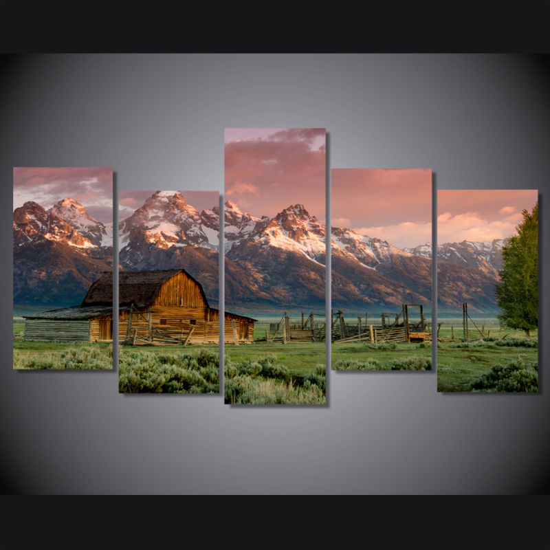 HD Printed Barn Teton Rocky Mountains Painting on Canvas Room Decoration Print Poster Picture Mc-040