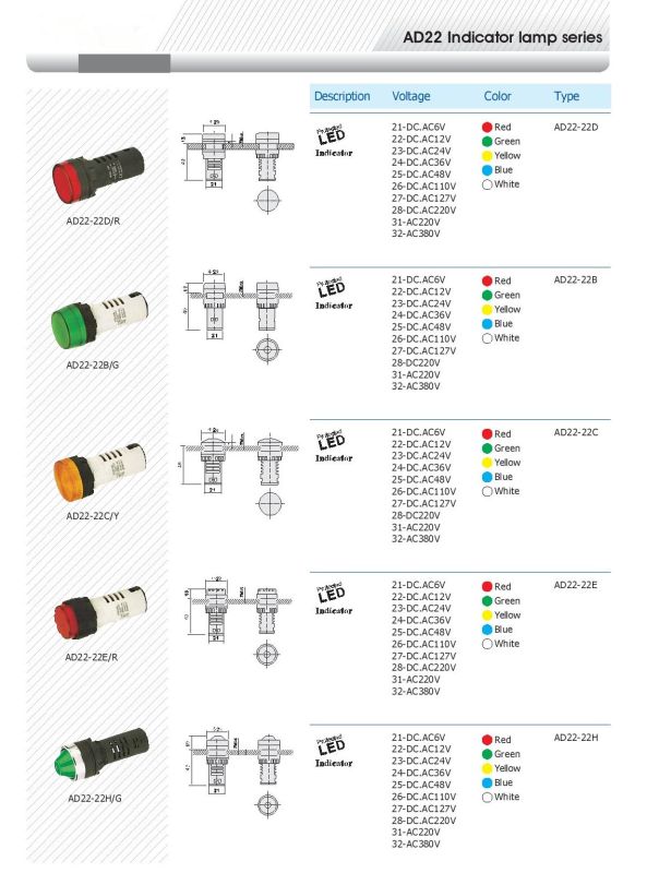 22mm Indicator Signal Lamp Red, Greem, Blue, White, Yellow