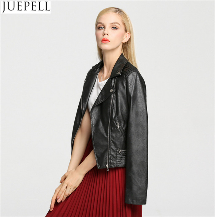 New Women Europe and America Fashion Short Paragraph Leather Jacket Leather Motorcycle Street Style Cool Black Women Jacket