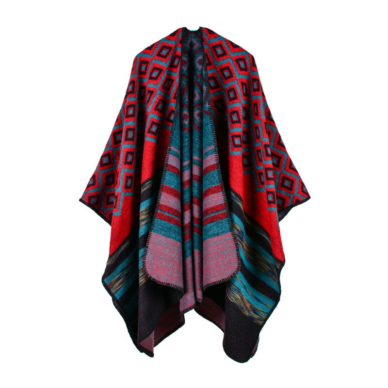 Women's Color Block Open Front Blanket Poncho Geometric Cashmere Cape Thick Warm Stole Throw Poncho Wrap Shawl (SP217)