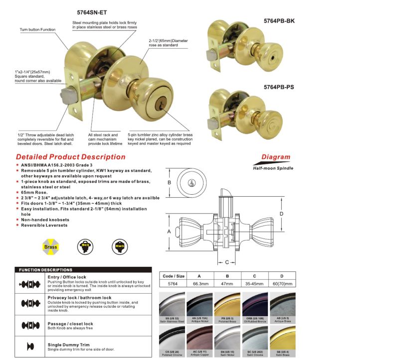 Brass Knob Lock, Door Lock, Indoor Lock Al-Sg6076SA