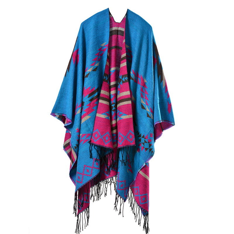 Women's Color Block Open Front Blanket Poncho Bohemian Cashmere Like Cape Thick Warm Stole Throw Poncho Wrap Shawl (SP224)