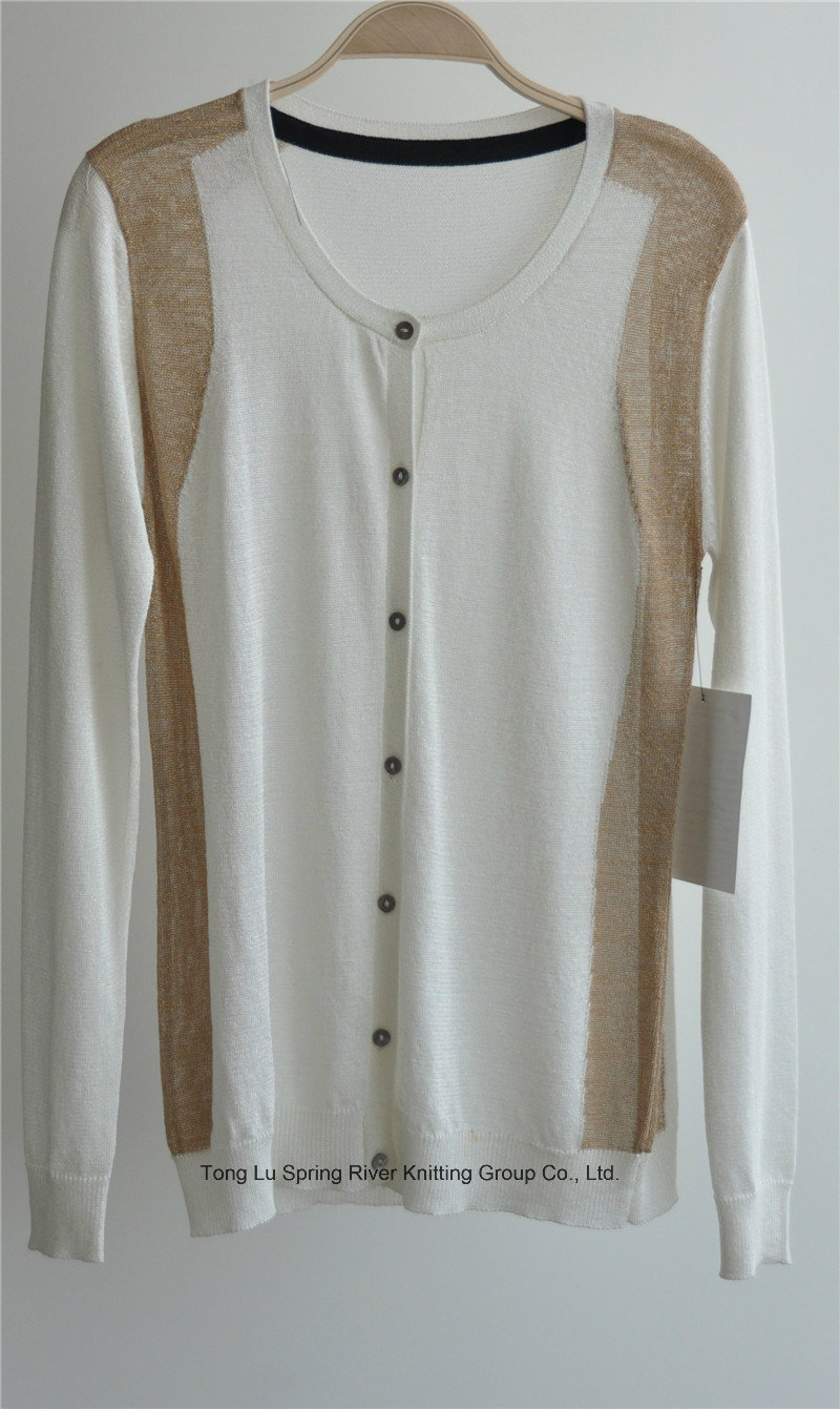 Ladie Round Neck Cardigan Patterned Knitwear with Button