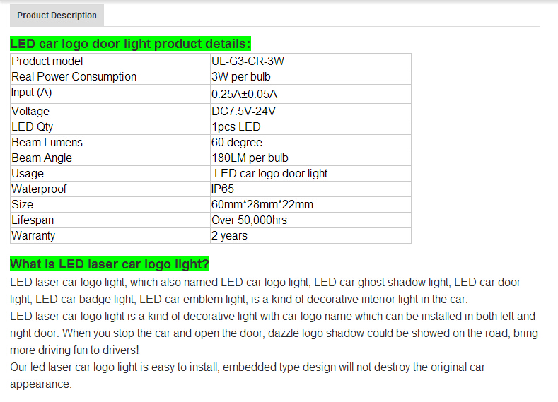 LED Car Logo Door Light Low Defective Rate LED Logo Car Door Shadow Projector Light, Hotest Sale LED Car Logo Door