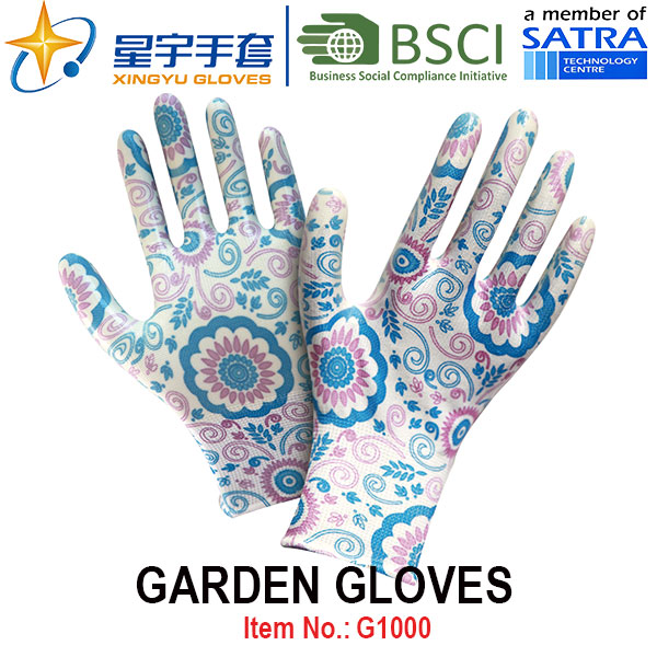 Garden Gloves, Printing Polyestershell Transparent Nitrile Coated Smooth Finish, Work Gloves (G1000) with CE, En388, En420