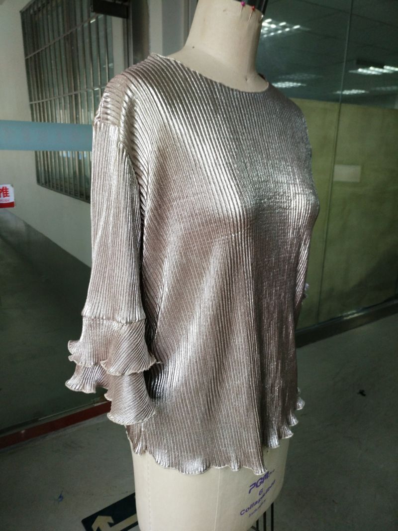 Spring Shiny Pleated Plain Falbala Sleeve Ladies Tops