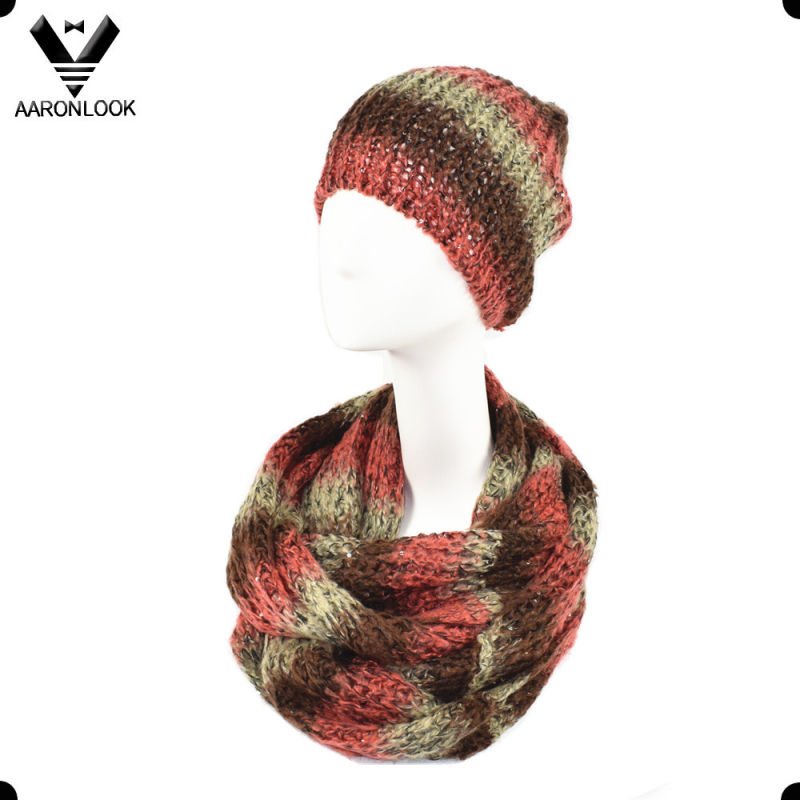 Space Dyed Acrylic Sequins Yarn Winter Knitting Infinity Scarf and Hat Set
