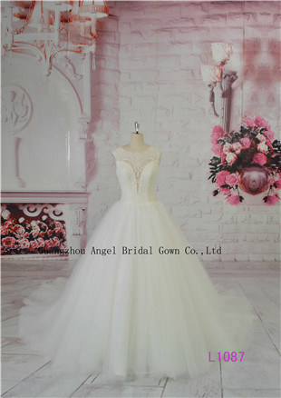 Bateau Neck Chapel Train Bridal Gown Fancy Ruffle Layered