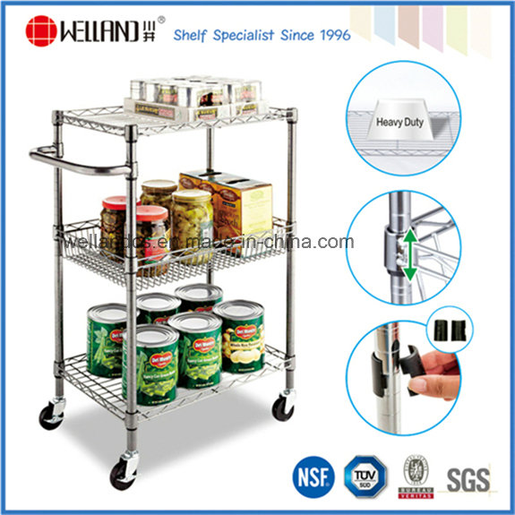 NSF 3 Tiers Chrome Metal Kitchen Trolley / Rolling Cart / Utility Cart