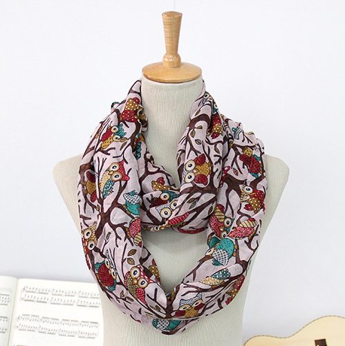 Women's Spring Summer Long Owl Printing Scarf Loop Snood (SW148)