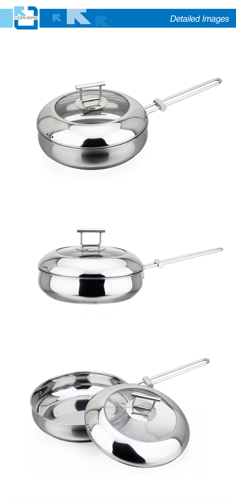 High Quality 304 Stainless Steel Double Bottom Frying Pan