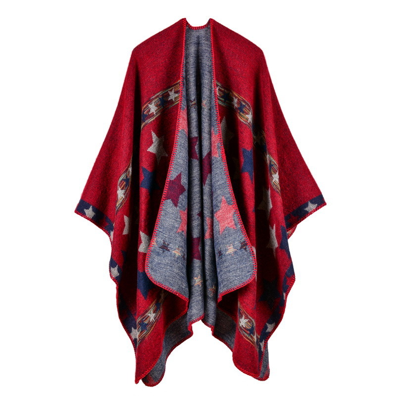 Women's Color Block Open Front Blanket Poncho Bohemian Cashmere Like Star Printing Cape Thick Warm Stole Throw Poncho Wrap Shawl (SP222)