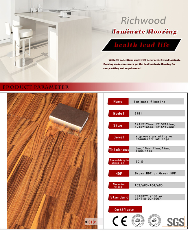 E1 AC3 Piano 12.3mm Wax Coating Vinyl Laminate Laminated Wood Flooring