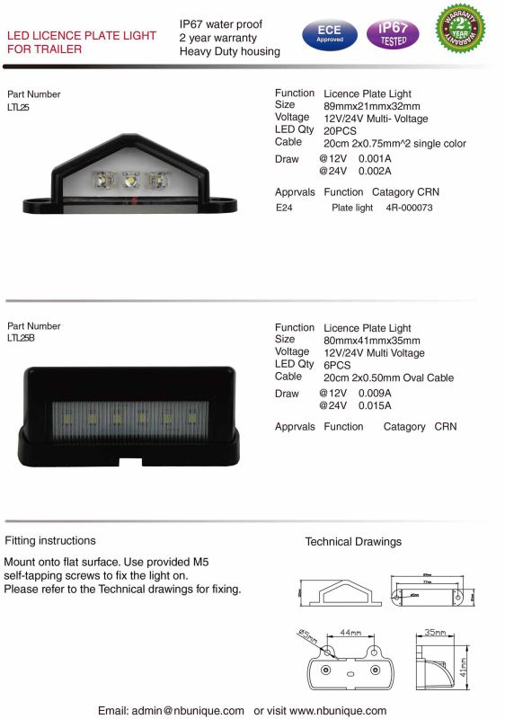 ECE Approved LED License Plate Light, IP 67 Waterproof, 2 Year Warranty