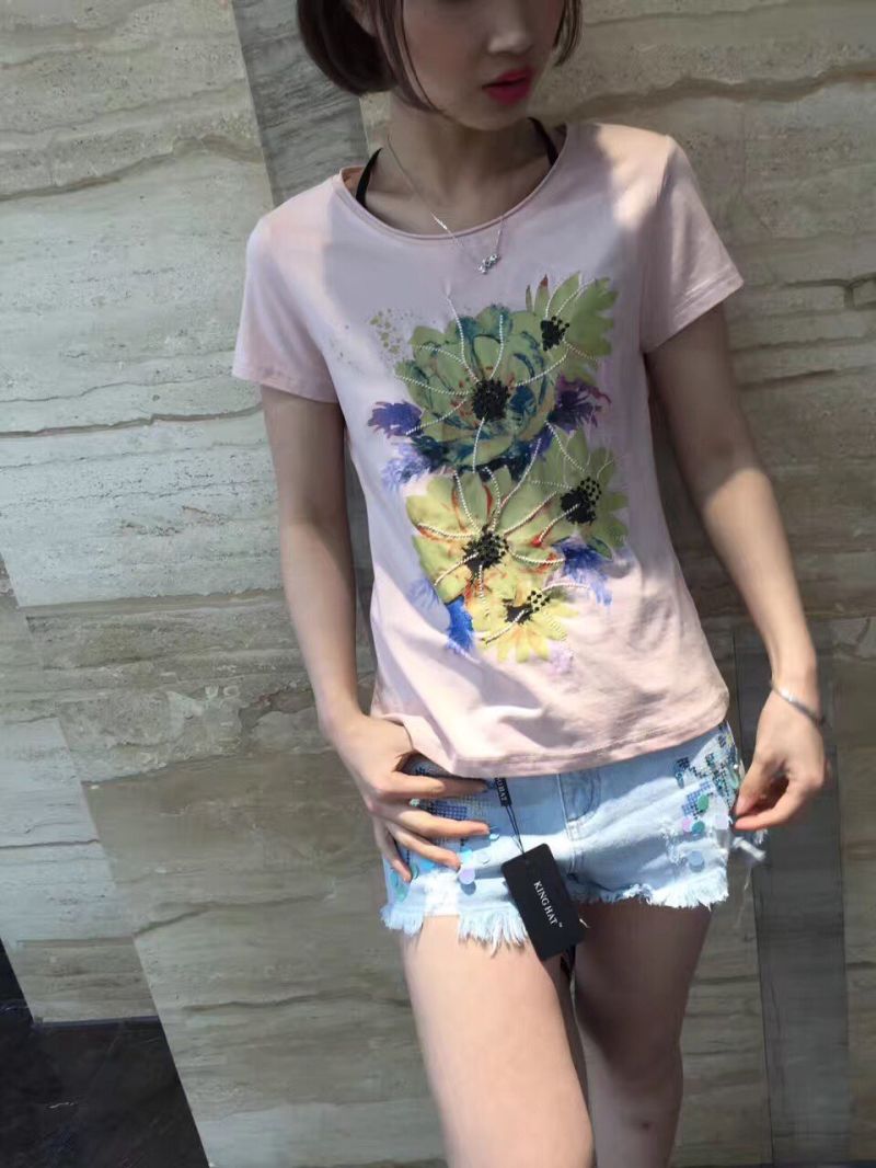 Summer Flower Embroidered Pink Lovely Women T-Shirt