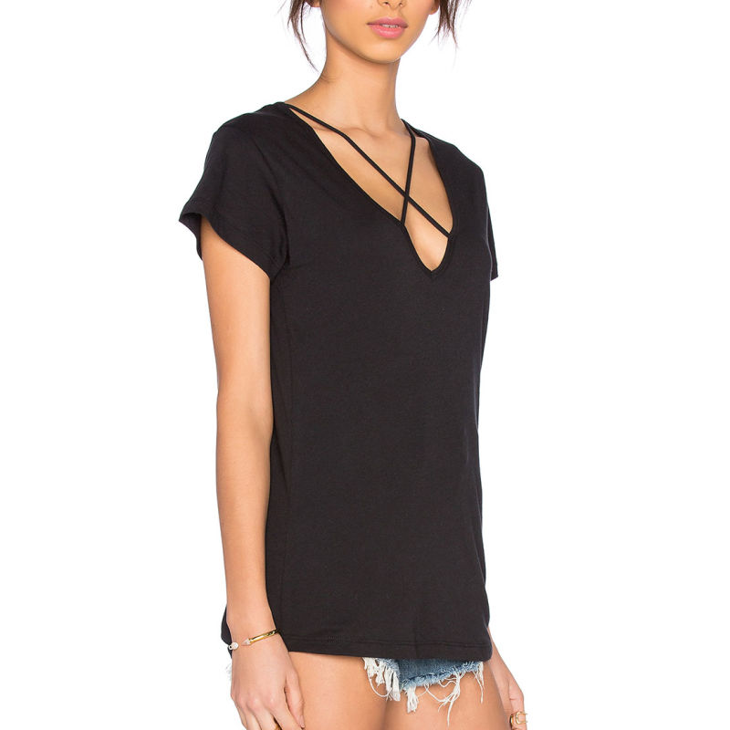 Black Cross Front Sexy Short Sleeve T Shirt