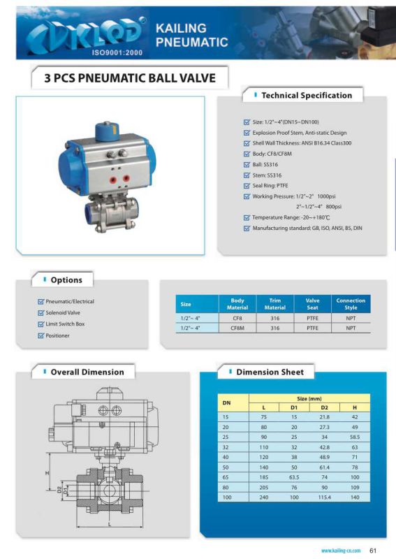 3 PCS Pneumatic Double Acting Actuator Stainless Steel Ball Valve