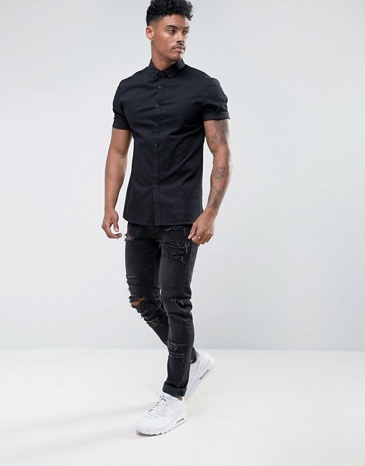 Slim Fit Poplin Shirt with Short Sleeves in Black