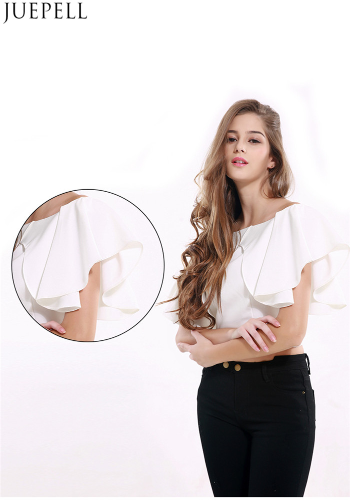 European and American Women's Summer Halter Short Paragraph Sexy Strapless Flounced Collar Neck Short Sleeve T-Shirt Blouse