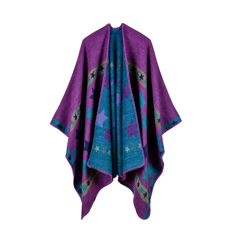 Women's Color Block Open Front Blanket Poncho Bohemian Cashmere Like Star Printing Cape Thick Warm Stole Throw Poncho Wrap Shawl (SP222)