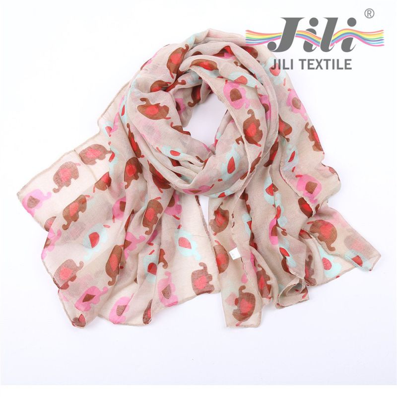 Latest Design New Fashion Voile Animal Elephant Printed Long Winter Scarf for Lady