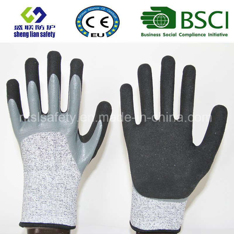 13G Hppe/Glass Fiber Liner Double Dipped Sandy Nitrile Coating Safety Gloves