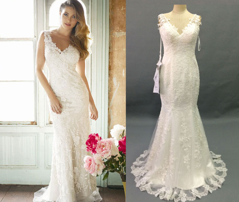 V Neck Delicate Lace Column Wedding Dress