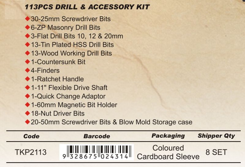 113PCS Drill & Accessory Kit -Power Tools (TKP2113)