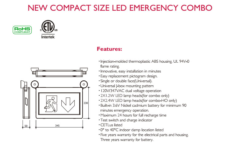 ETL UL 94V-0 New Compact Size LED Emergency Combo, LED Combo