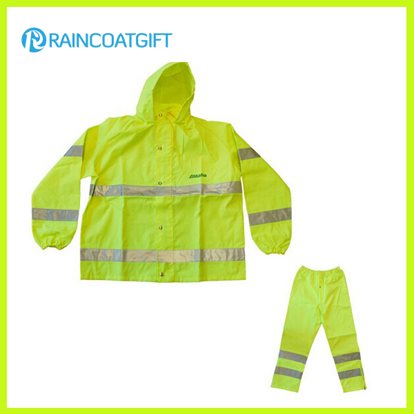 2PCS Fluorescence Green Men's Rainwear Reflective Polyester Rainsuit