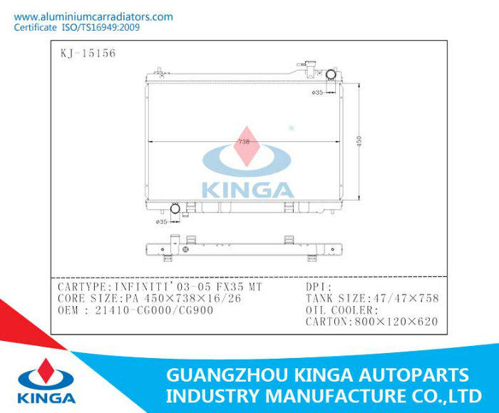 OEM 21410-Cg000 / 21410-Cg900 Aluminum Radiator for Nissan Infiniti 2003-2005 Fx35 Mt