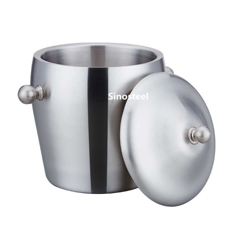 Drum Stype Thickning Double Stainless Steel Ice Bucket with Lid & Handle