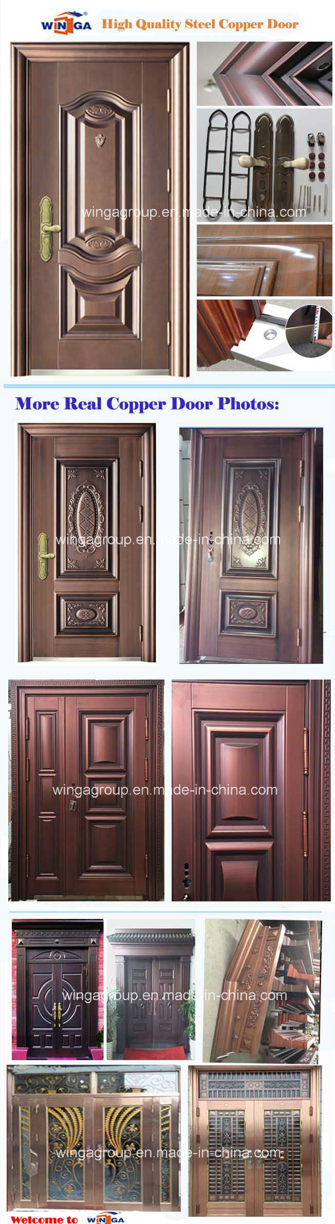 Antique Style Exterior Security Iron Metal Steel Copper Door (W-STZ-06)