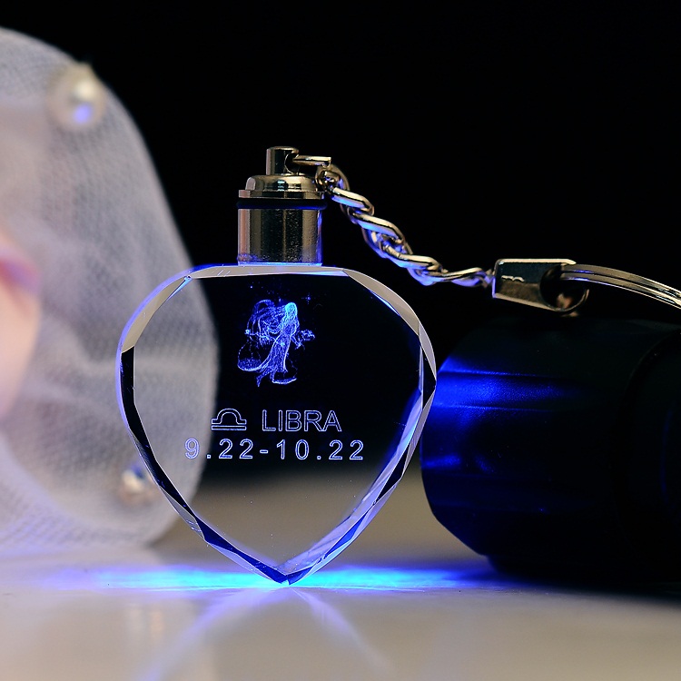 Promation Laser Engraved Heart Shaped Crystal LED Keychain Glass Gifts