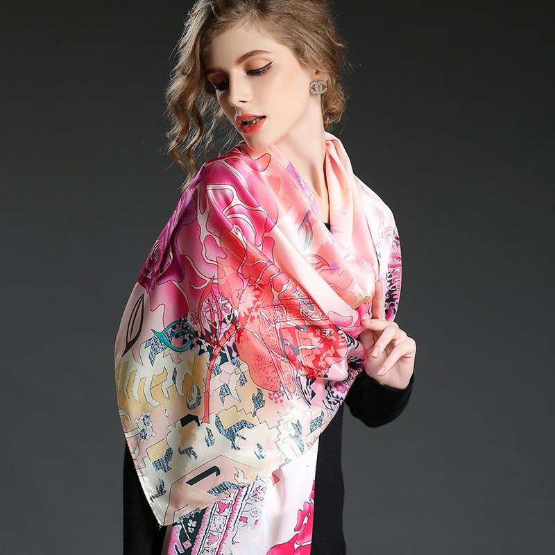 Silk Satin Scarf Digital Printing Long Scarf Shawl for Autumn Sp898-1