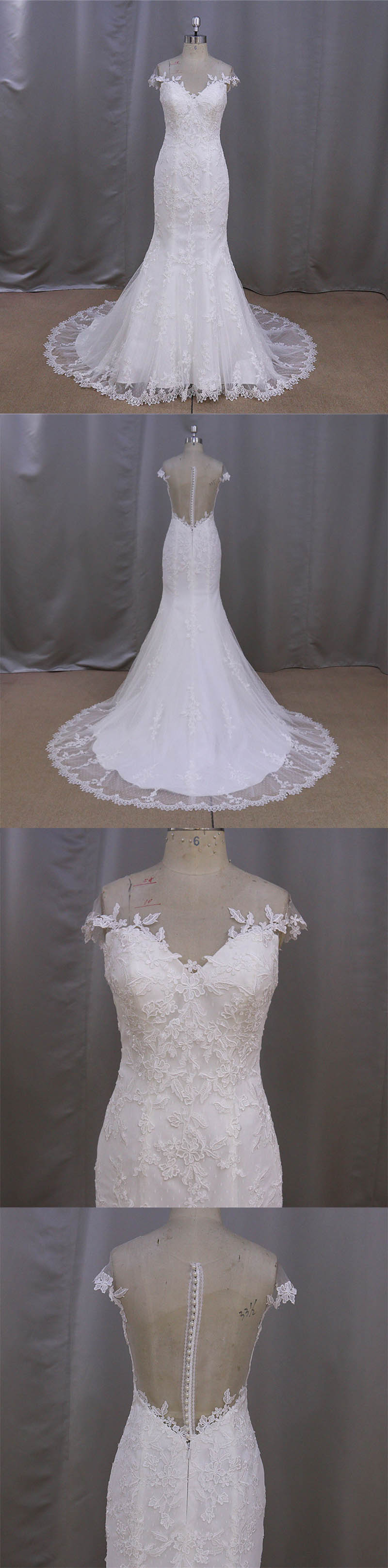 2016 Cap Sleeve Sheer Back Sweetheart Mermaid Lace Wedding Dresses