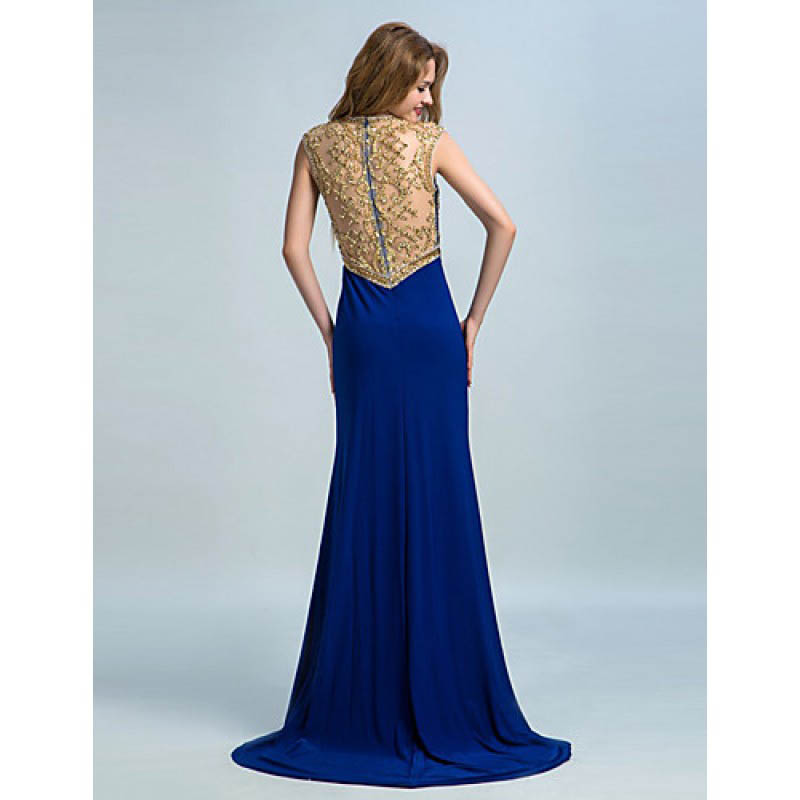 Trumpet Mermaid Jewel Sweep Brush Train Jersey with Beading Evening Dress